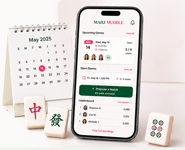 The Mahj Muddle app showing upcoming games and a leaderboard